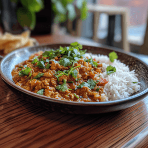 Plate of chicken mince curry with rice.