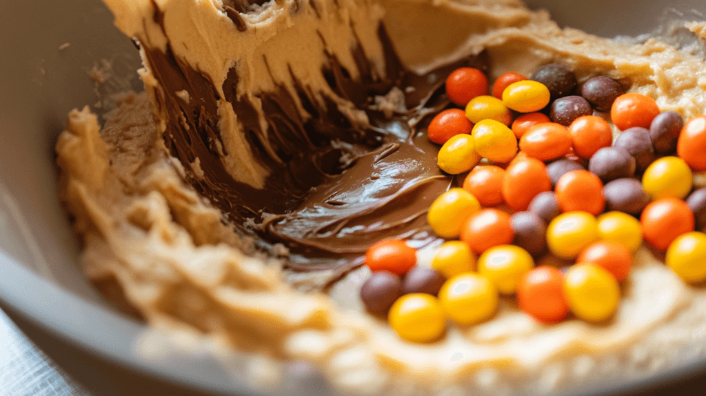 A bowl of banana bread batter with peanut butter and Reese’s Pieces being mixed.