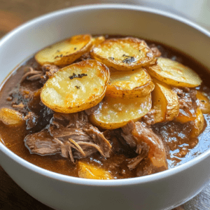 A close-up of a lamb hotpot with crispy golden potatoes.