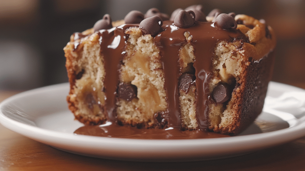 A thick slice of Reese’s Peanut Butter Banana Bread with melting chocolate chips.