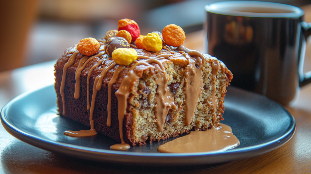 A freshly baked Reese’s Peanut Butter Banana Bread loaf cooling on a wire rack.