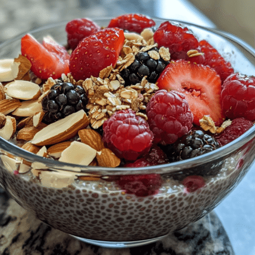 A glass bowl of chia oatmeal pudding topped with fresh raspberries, blackberries, strawberries, sliced almonds, and granola.