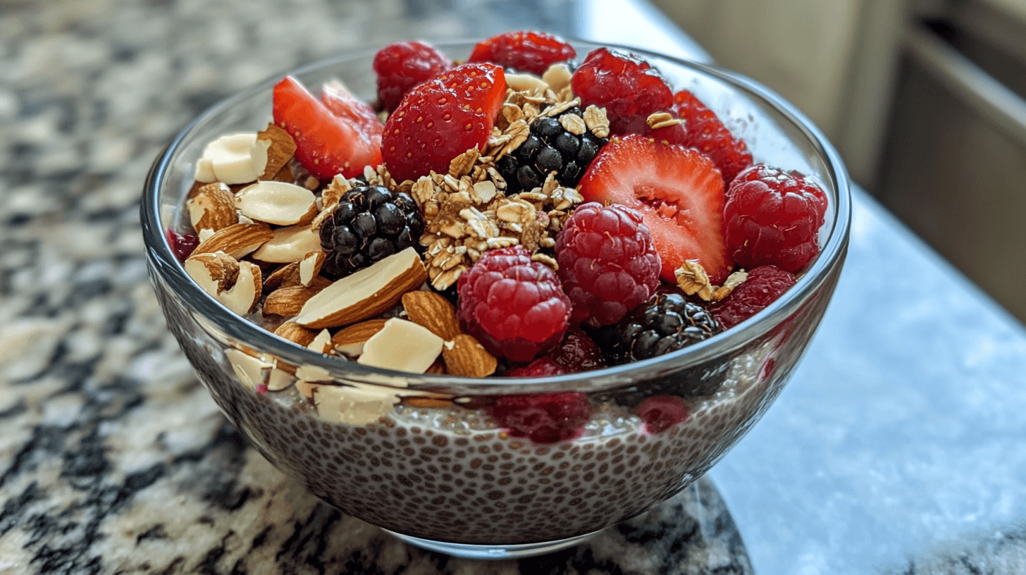 A glass bowl of chia oatmeal pudding topped with fresh raspberries, blackberries, strawberries, sliced almonds, and granola.