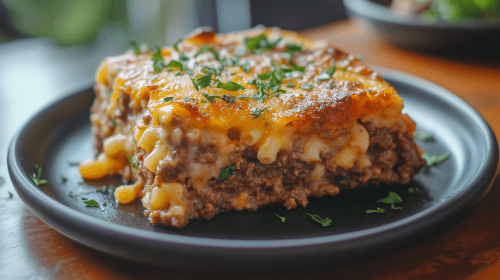 A freshly baked slice of mac and cheese meatloaf casserole on a plate.
