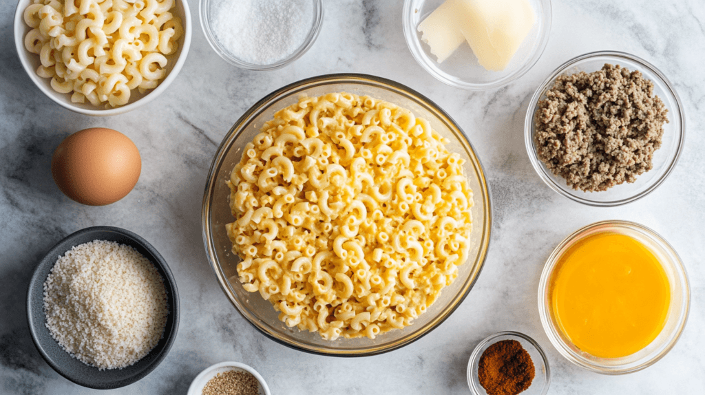 A top-down view of ingredients for mac and cheese meatloaf casserole.