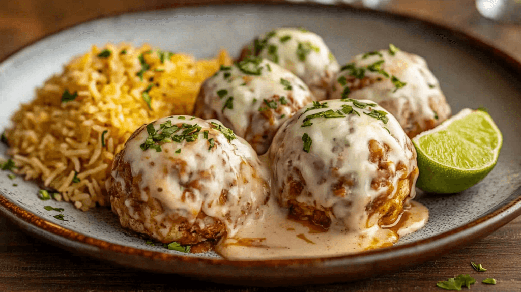 Cheesy taco bombs covered in melted cheese and garnished with fresh cilantro, served with Mexican rice and a lime wedge on a rustic plate.