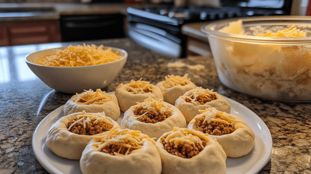 Unbaked taco bombs with seasoned taco meat and shredded cheese inside biscuit dough.