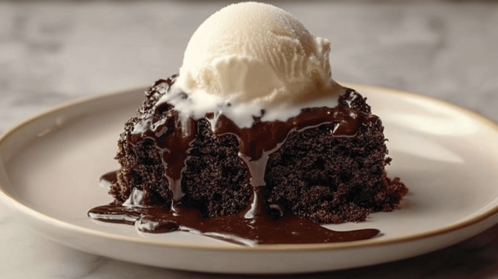 A plate with Hot Fudge Chocolate Pudding Cake topped with a scoop of vanilla ice cream, with rich fudge sauce melting down the sides.