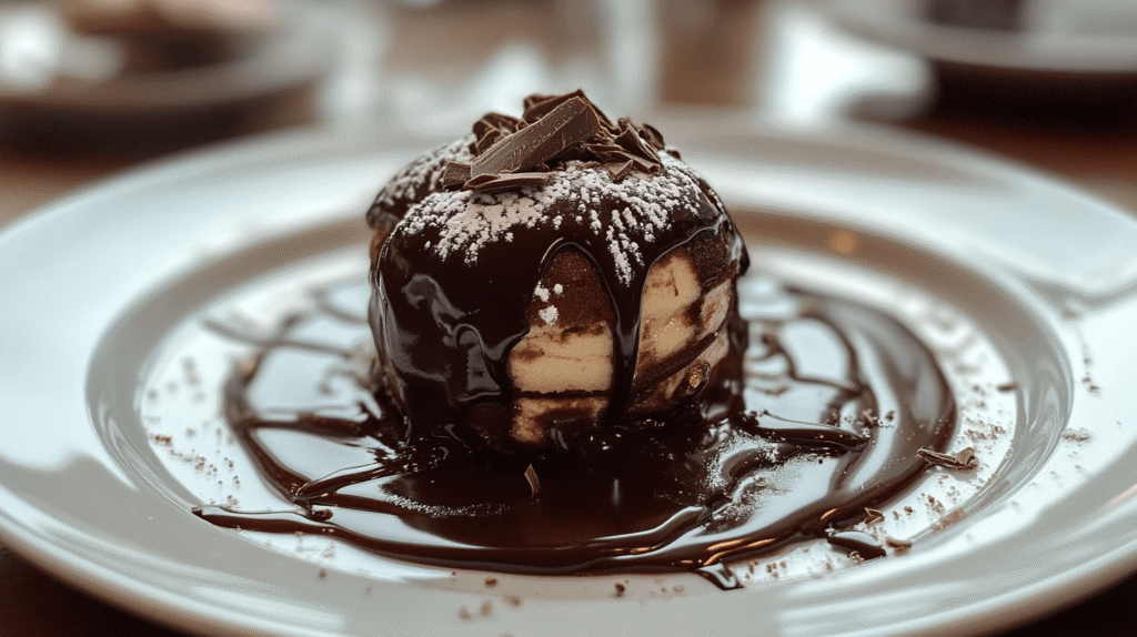 A warm slice of Hot Fudge Chocolate Pudding Cake with thick fudge sauce oozing, served on a plate.