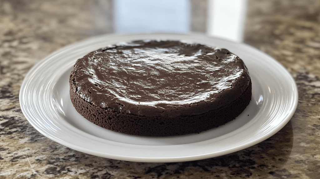 A plate with chocolate cake batter evenly spread, ready for baking.