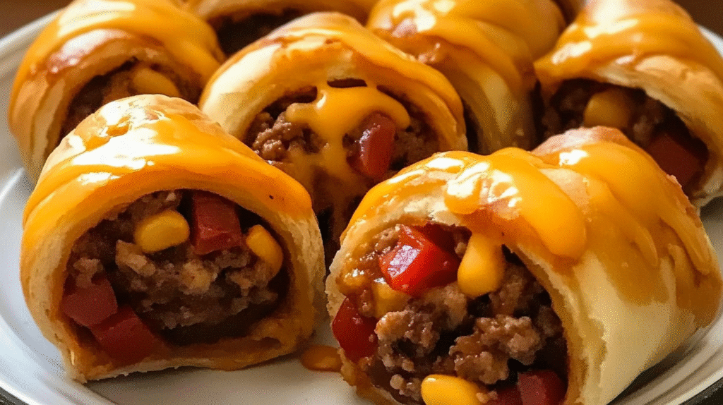 Cheesy taco bombs with seasoned beef, corn, and red peppers wrapped in golden dough and topped with melted cheese.