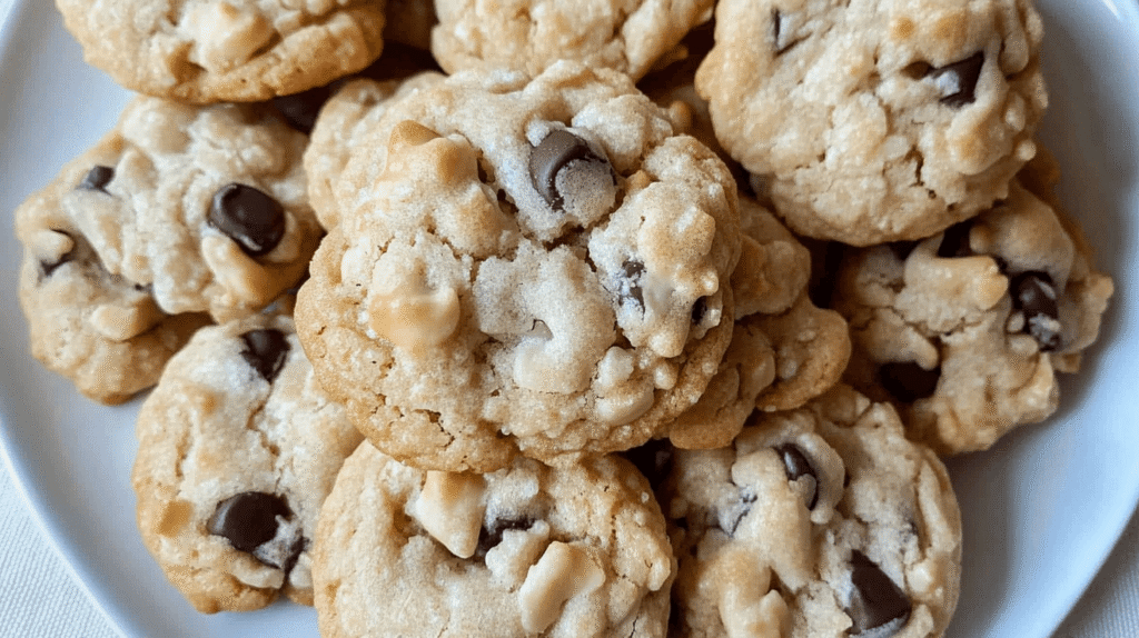A plate of freshly baked Rice Krispie Chocolate Chip Cookies with a golden-brown texture, crispy edges, and gooey chocolate chips.