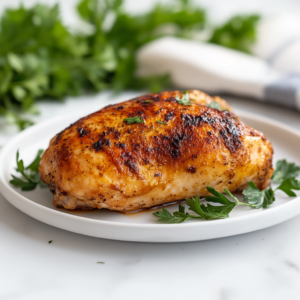 A perfectly cooked bone-in chicken breast with a golden, crispy skin, garnished with fresh parsley on a white plate.