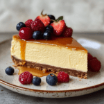 A plated slice of vanilla cheesecake with berries.