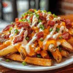 A plate of crispy loaded fries topped with melted cheese, bacon, sour cream, and green onions.