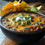 A bowl of cheesy ground beef enchilada chili topped with melted cheddar, sour cream, and fresh cilantro, served with tortilla chips.