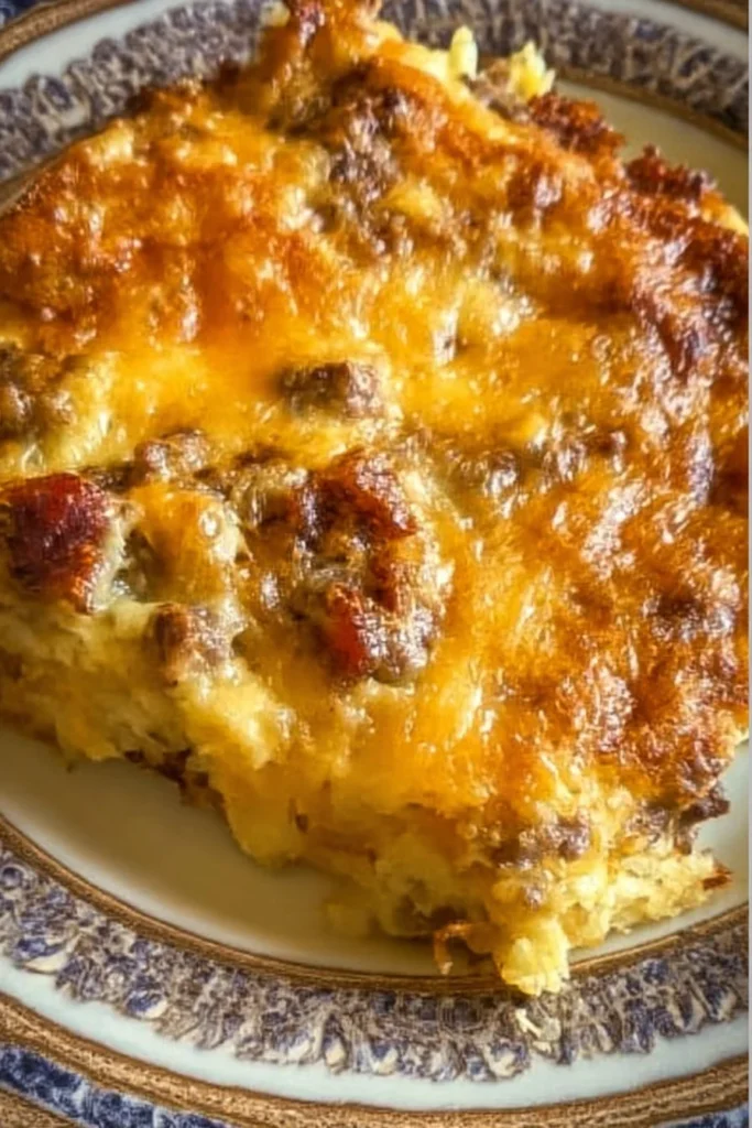 Delicious breakfast hashbrown casserole topped with cheese and herbs.