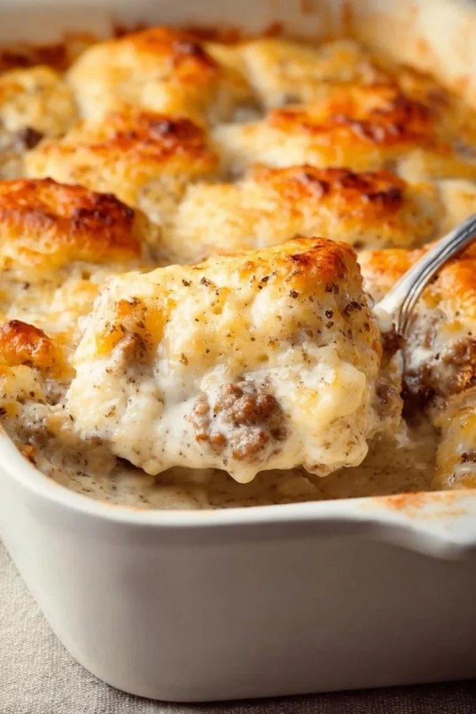 Biscuits and Gravy Breakfast Casserole served on a plate with fork.