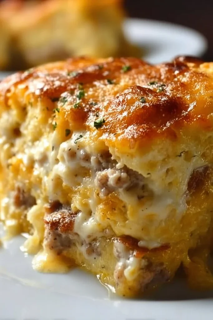 Biscuits and Gravy Breakfast Casserole served on a plate with garnish.