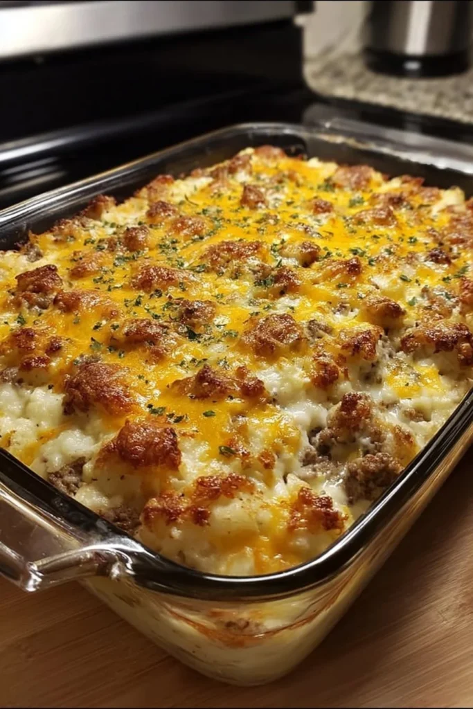 Biscuits and Gravy Hashbrown Breakfast Casserole dish served hot