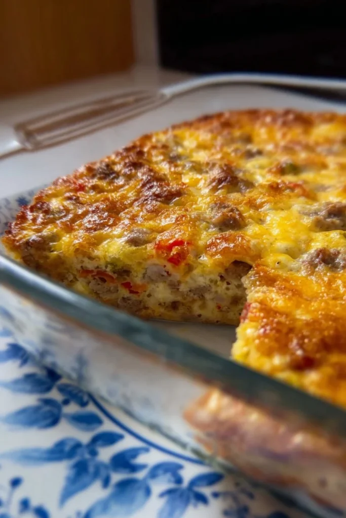 Delicious breakfast casserole baked with eggs, cheese, and vegetables.