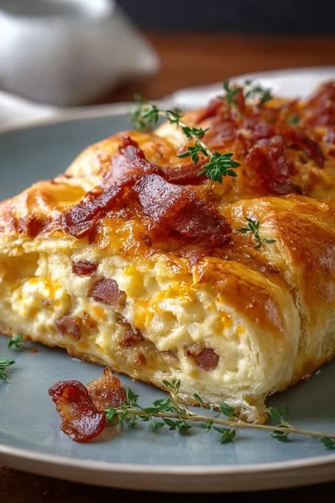 Delicious breakfast casserole made with croissants, eggs, and cheese.