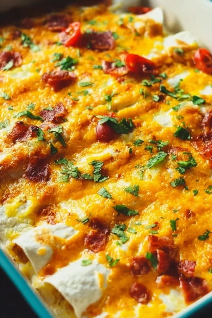 Delicious breakfast enchiladas filled with eggs, cheese, and topped with salsa.