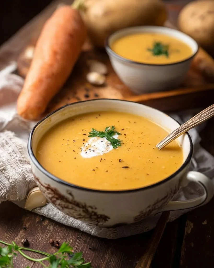 Bowl of healthy Carrot Potato Soup garnished with herbs