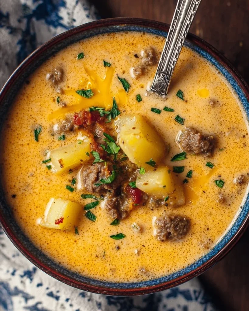 Bowl of cheesy beef and potato soup topped with herbs.