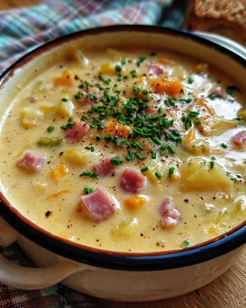 Delicious cheesy ham chowder in a bowl, garnished with herbs