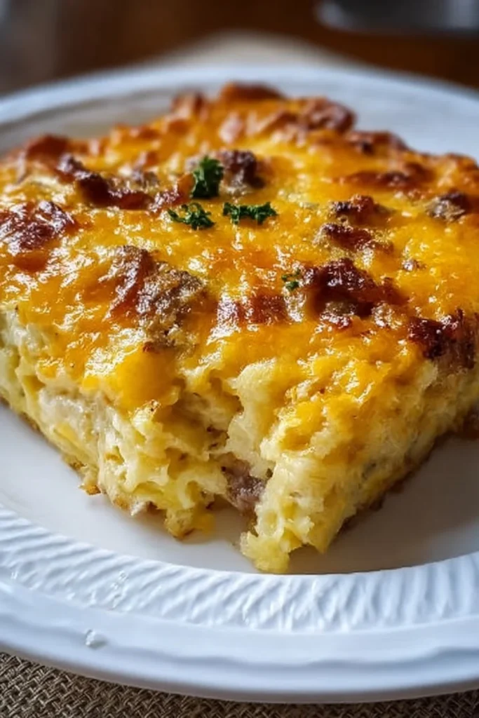 Cheesy hashbrown casserole served in a baking dish, showcasing gooey cheese and golden potatoes.