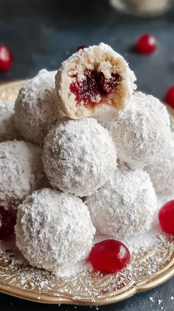 Plate of Cherry Snowball Cookies dusted with powdered sugar