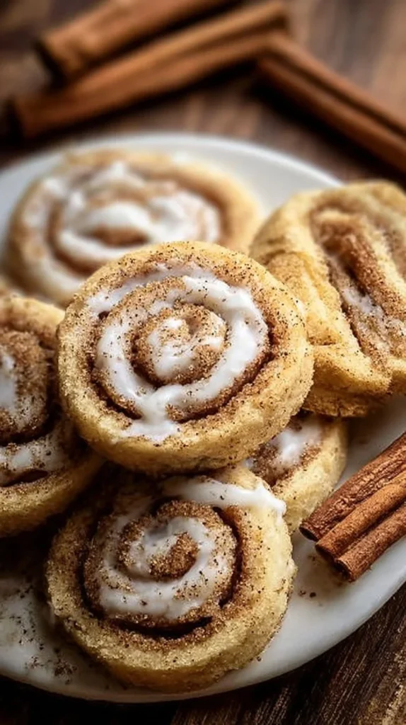 Delicious cinnamon roll cookies topped with icing, perfect for dessert lovers.