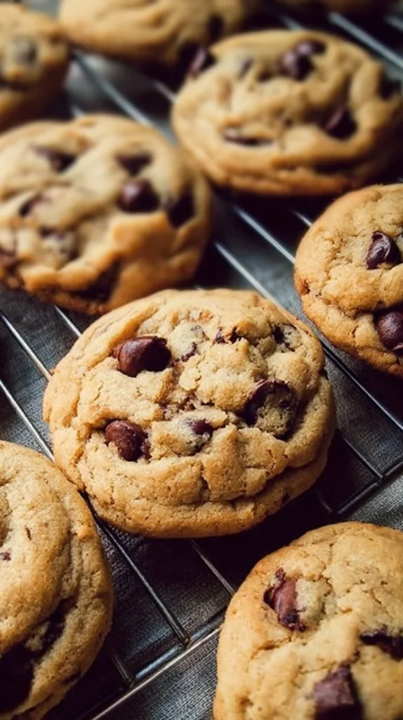 Freshly baked classic chocolate chip cookies on a cooling rack