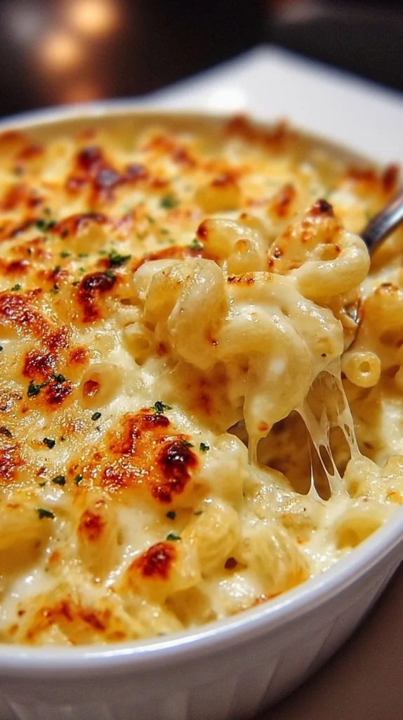 Creamy baked mac and cheese in a skillet, cheesy and golden brown