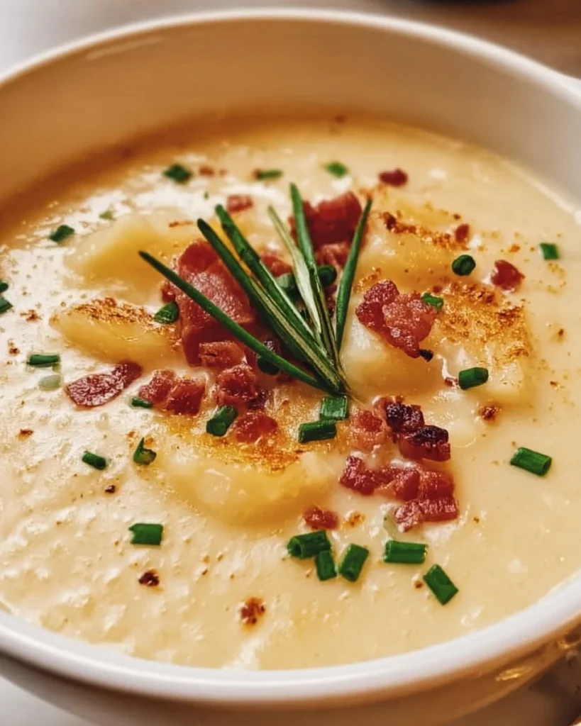 Bowl of creamy baked potato soup garnished with green onions and cheese