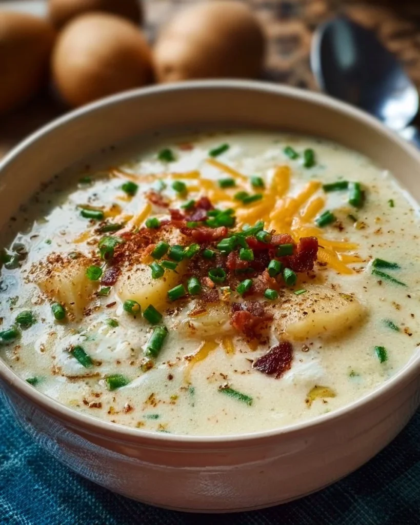 Creamy Loaded Baked Potato Soup garnished with cheese and green onions
