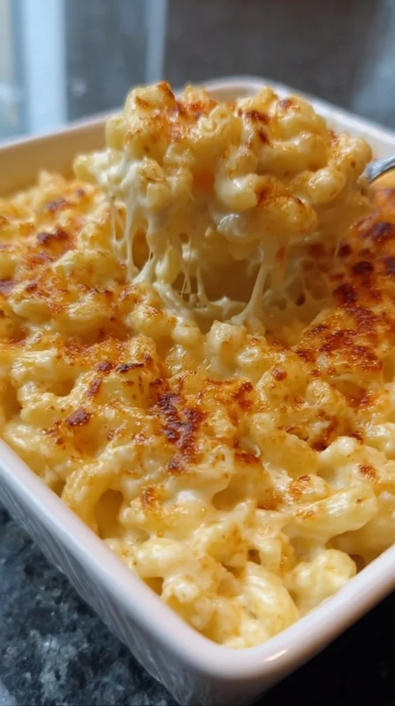 Creamy mac & cheese served in a bowl, topped with cheese and breadcrumbs