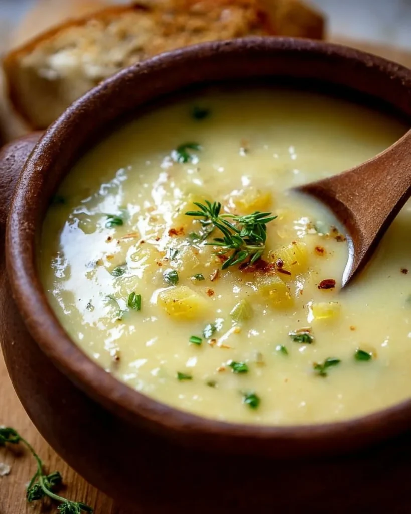 Bowl of creamy potato leek soup topped with fresh herbs