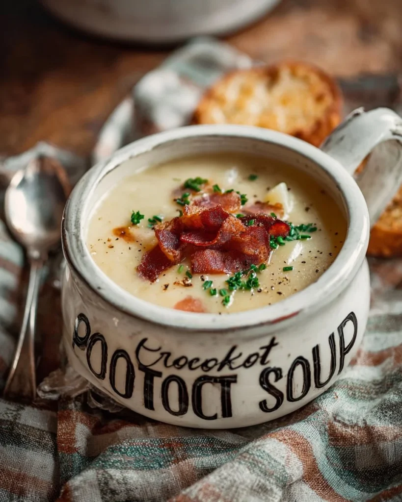 Bowl of creamy potato soup topped with crispy bacon