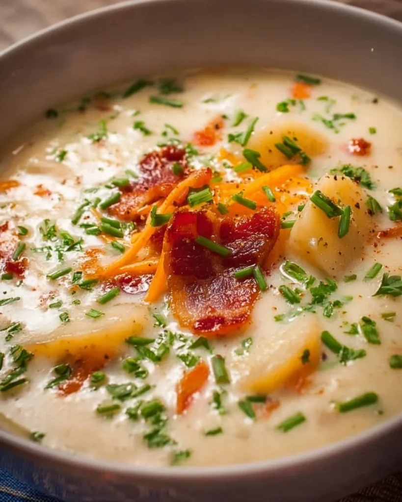 Creamy potato soup garnished with crispy bacon, served in a bowl.