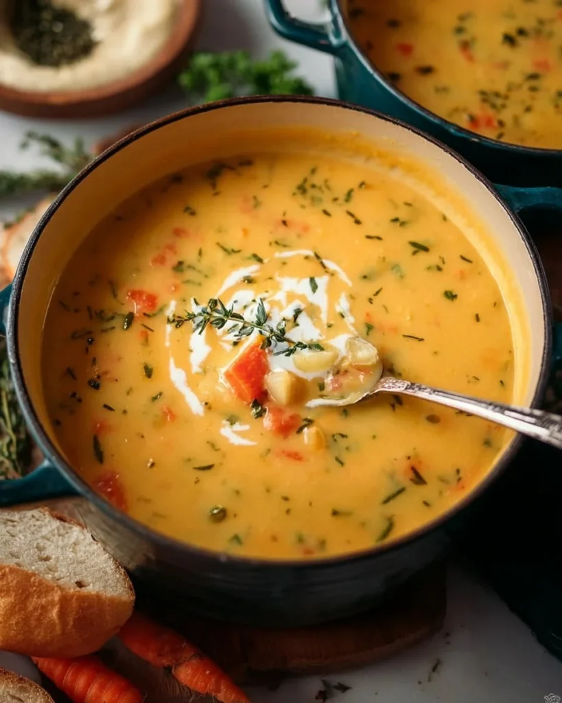 Bowl of creamy vegan carrot potato soup topped with fresh herbs.