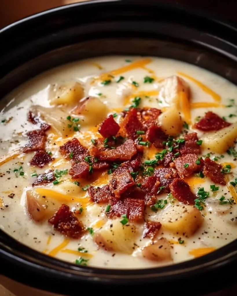Crock Pot Crack Potato Soup garnished with green onions and bacon