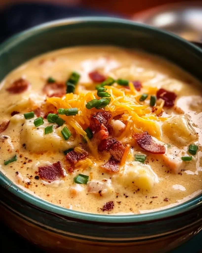 Bowl of creamy Crock Pot Crack Potato Soup garnished with chives and bacon