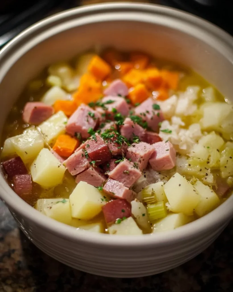 A comforting bowl of Crock Pot ham and potato soup garnished with herbs.