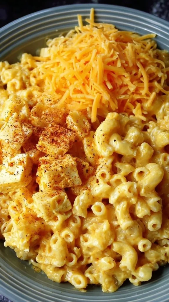 Crock Pot No Boil Mac and Cheese served in a bowl with cheese melting on top.