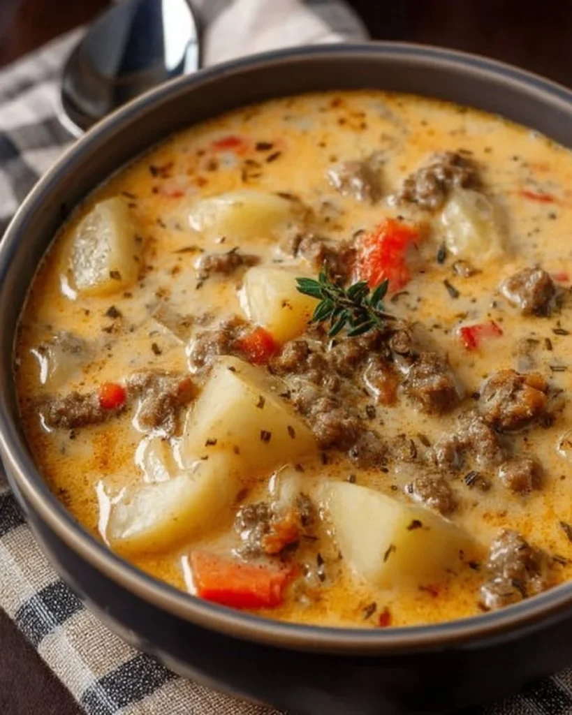 Crockpot creamy potato and hamburger soup in a bowl with fresh herbs