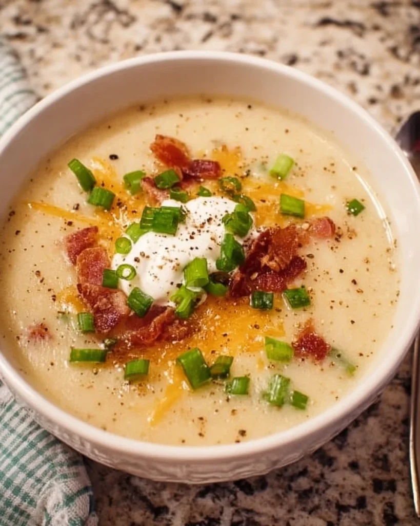 Delicious bowl of crockpot potato soup topped with cheese and herbs
