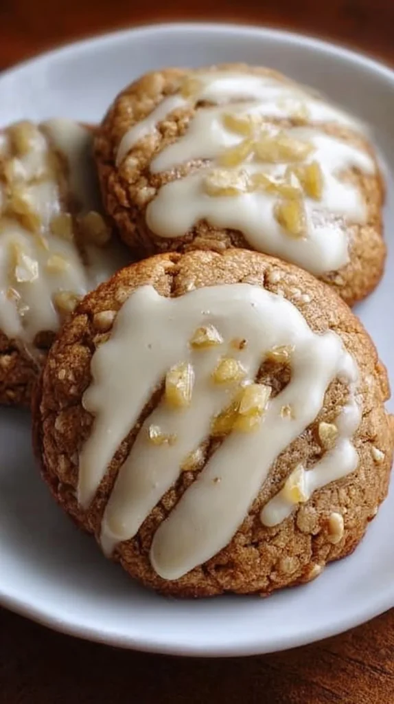 Crumbl banana bread cookies drizzled with cream cheese glaze on a plate.