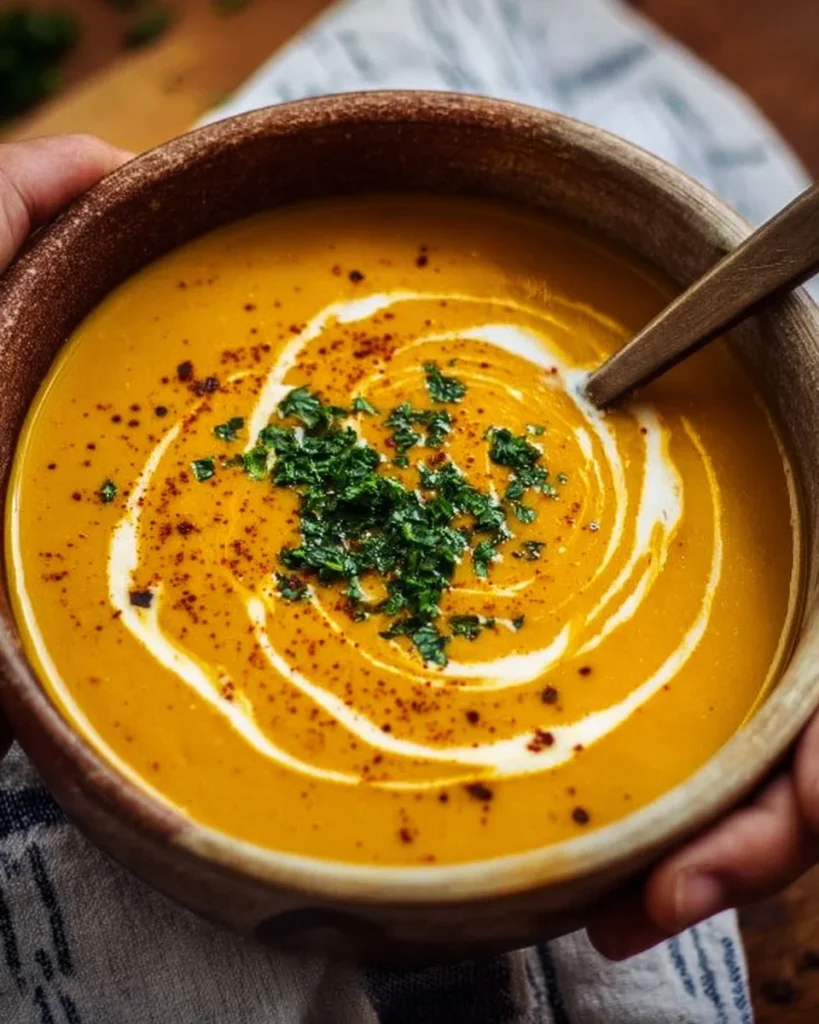 Bowl of curried sweet potato bisque topped with herbs